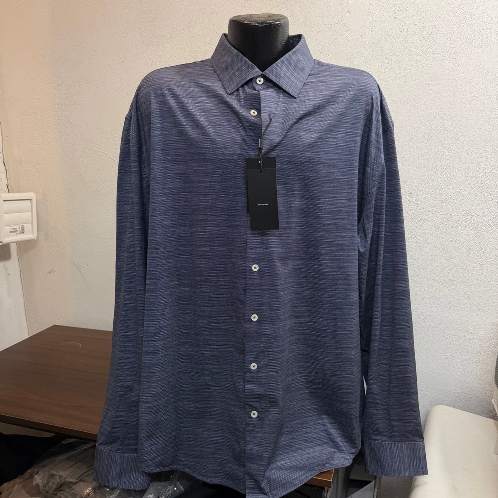 Bugatchi James Straited L/S Shirt Mens 3XL Navy OoohCotton 8-Way Stretch NWT